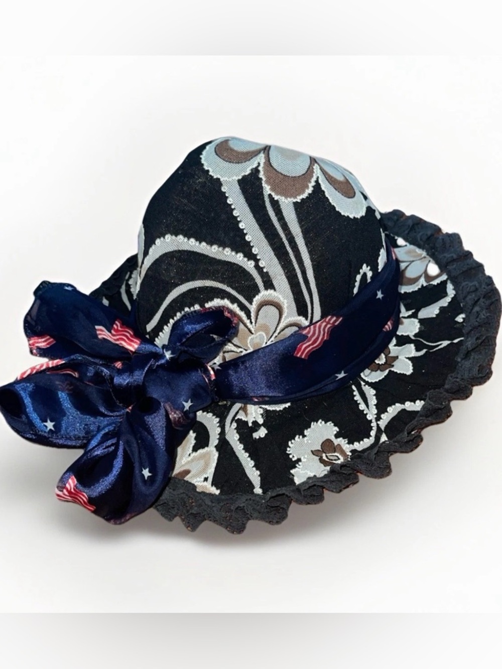 Women's Black Floral Sun Hat with Navy Star Scarf